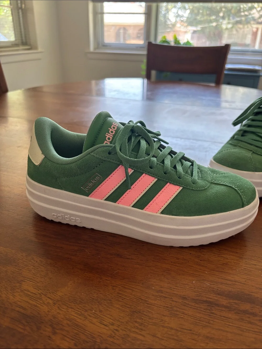 adidas Green Suede Platform Sneakers with Pink Stripes